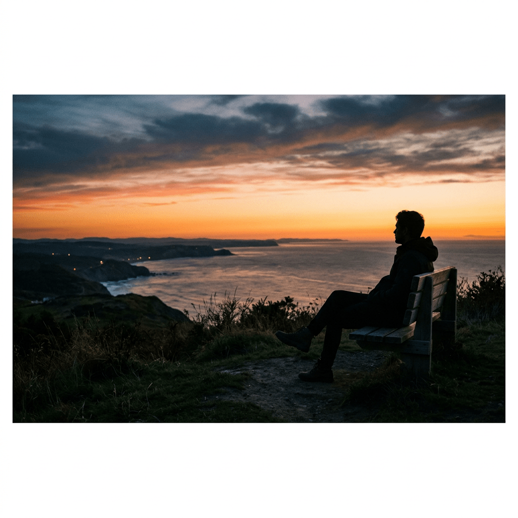 Silhouette of a person sitting on a bench overlooking a coastal sunset with orange sky and distant cliffs.