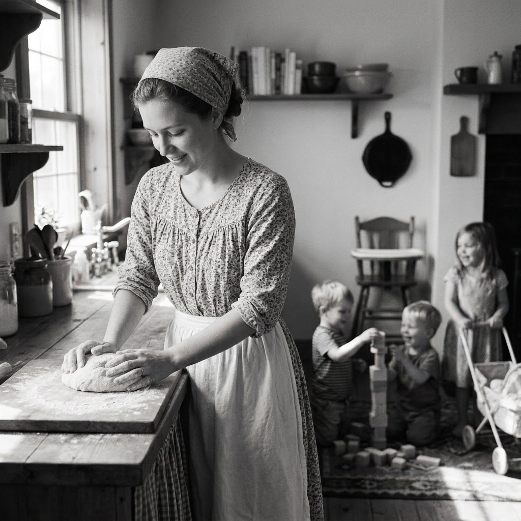 Mother kneading dough on wooden counter with children playing in background