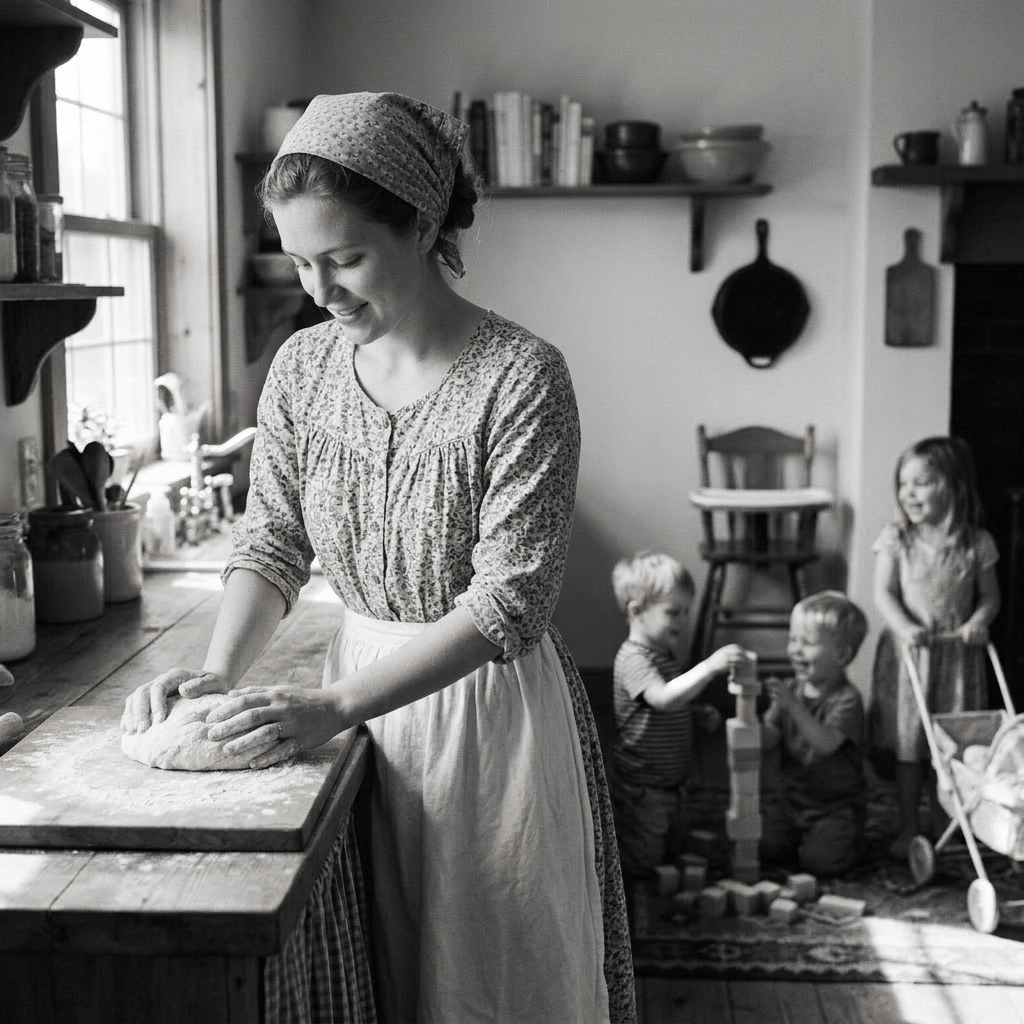 Mother kneading dough on wooden counter with children playing in background